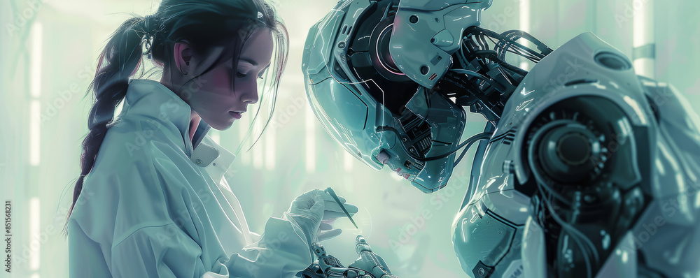 Poster a robot assisting a surgeon in a complex operation, its precise movements and advanced technology sa