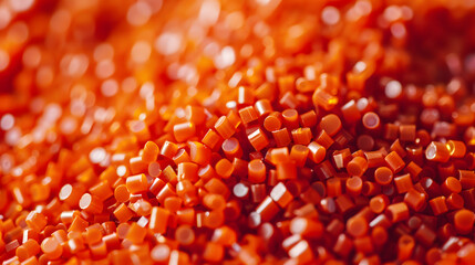 Plastik Granulat in orange, Ein Haufen mit Kunststoffgranulat, PA6, ASA, PP, Glasfaser, oranges Kunststoffgranulat zur Produktvorstellung, Kunststofftechnik, Spritzgusstechnik, 3D Druck