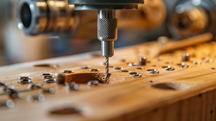 Close-up of CNC machine drilling precise holes in wooden board in a workshop, showcasing detailed woodworking process.