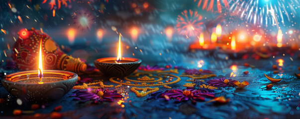 Obraz premium A colorful Diwali scene with diyas lit, rangoli designs on the floor, and fireworks exploding in the sky.