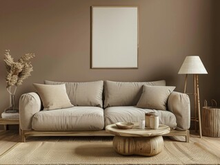 Scandinavian Inspired Living Room, Beige Sofa with Armrests and Coffee Table in Minimalist Design Featuring Natural Materials and Simple Shapes
