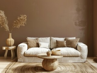 Scandinavian Inspired Living Room, Beige Earth Tone Sofa with Armrests and Coffee Table in Minimalist Design Featuring Natural Materials and Simple Shapes