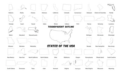 Transparent Outline Maps of All US States Including District of Columbia and Territories in High-Resolution Vector Format