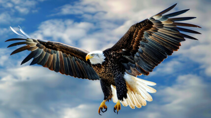 Obraz premium bald eagle flying with open wings, full body portrait photo against a blue sky background