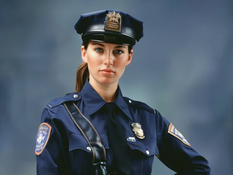 Medium shot of woMan wearing Security guard uniform. This piece has been captured shot on kodak ektar