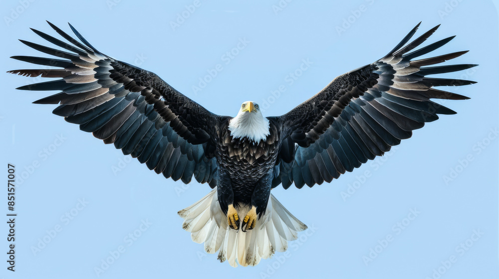 Wall mural bald eagle flying with open wings, full body portrait photo against a blue sky background