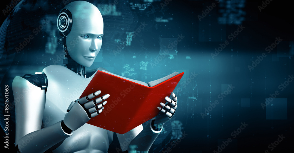 Poster mlp 3d illustration of robot hominoid reading book and solving math data analytics in concept of fut