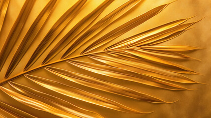 A minimalist composition featuring a top view of a golden palm leaf