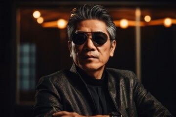 Fototapeta premium Portrait of a content asian man in his 50s wearing a trendy sunglasses while standing against bare monochromatic room
