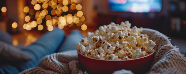 A group of friends gathering for a cozy movie night at home, complete with popcorn and blankets.