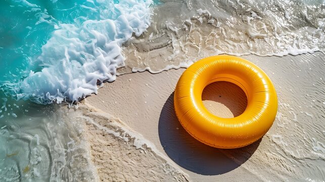 Vibrant yellow inflatable ring on the sandy beach by the turquoise waves, representing a fun summer vacation by the sea.