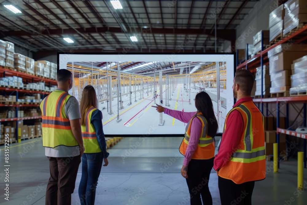 Poster group of professional warehouse worker working together while planning and looking at monitor. smart