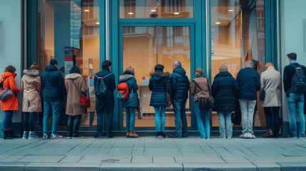People Lining Up Outside a Store Entrance