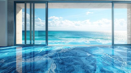 Background image of modern home with ocean view through floor-to-ceiling windows and reflective blue floor in water wave style. Coastal living concept. Design for interior, poster, wallpaper. AIGT2.