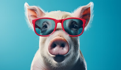 Fototapeta premium Cute pig with glasses on blue background 