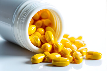 Yellow pills an pill bottle on white background.