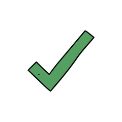 Hand drawn cartoon green checkmark on white background.