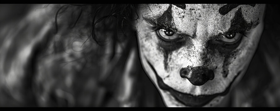 Black and white cown with scared expression on his face.