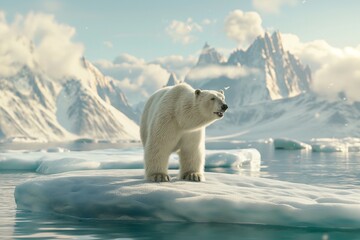 A polar bear standing alone on an ice floe in the Arctic Ocean, with mountains and sea behind it, illustrating the concept of climate change and global warming.