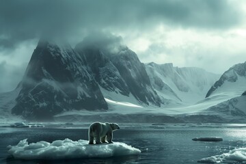 A polar bear standing alone on an ice floe in the Arctic Ocean, with mountains and sea behind it, illustrating the concept of climate change and global warming.