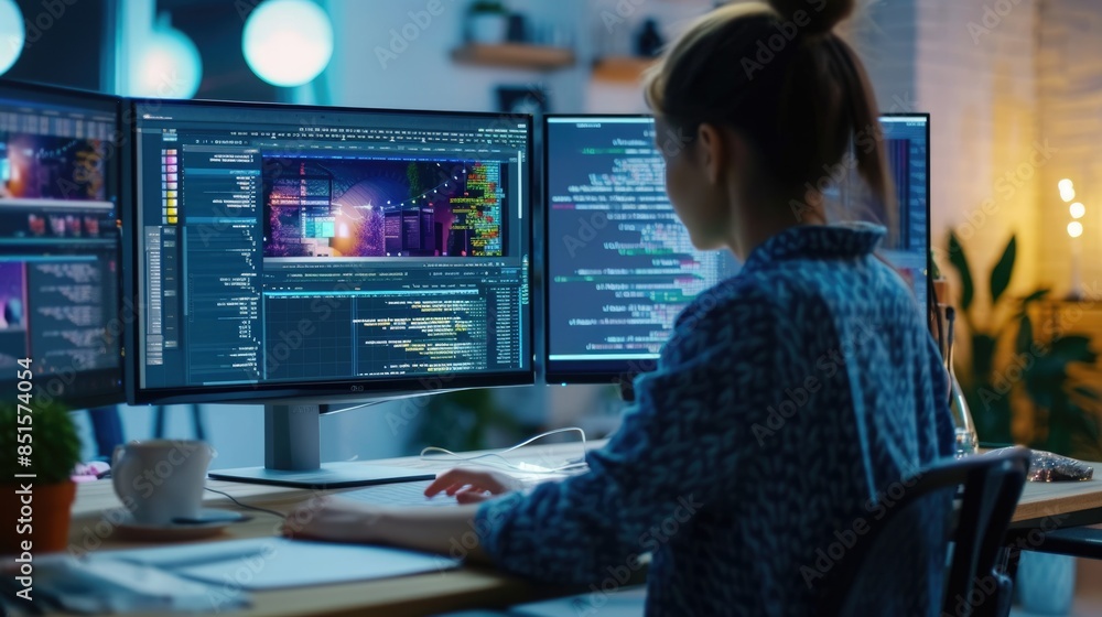 Poster a focused software developer codes on a dual monitor setup in a modern office environment with a min