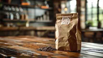 A brown paper bag filled with coffee beans, placed on a wooden table. The background is blurred with hints of indoor lighting.