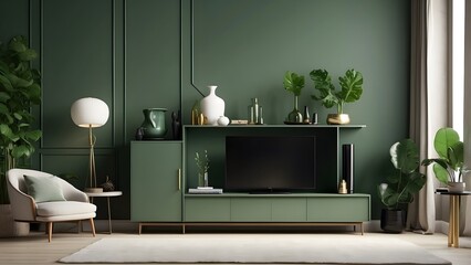 Minimalist living room interior design with cabinet and TV, green color interior design, minimalist living room home decor design with cabinet