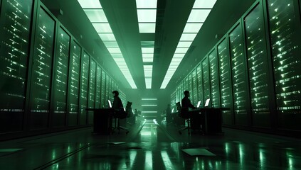 A large server room with rows of green glowing computer equipment. Two people sitting at desks in the middle working on computers. The lighting is dark but glows from within each monitor.