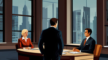 Illustration of a business negotiation scene in a high-end corporate setting