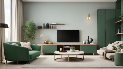Minimalist living room interior design with cabinet and TV, green color interior design, minimalist living room home decor design with cabinet 