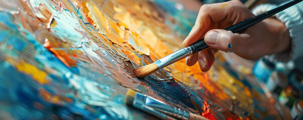 Fototapeta premium An artist painting a vibrant canvas in their studio, surrounded by brushes.