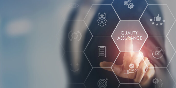Quality assurance concept. Ensuring the products or services meet the required standards and expectations. Monitoring, testing and evaluation. Maintain consistency, reliability, customer satisfaction.