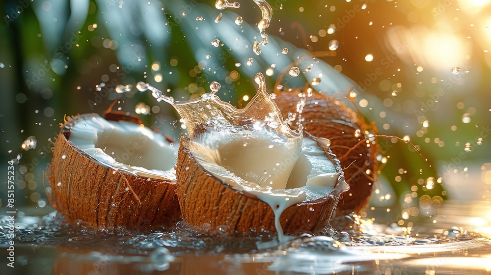 Poster a freshly split coconut with splashing water droplets captured in a dynamic, backlit scene