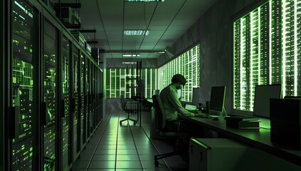 A large server room with rows of green glowing computer equipment. Two people sitting at desks in the middle working on computers. The lighting is dark but glows from within each monitor.