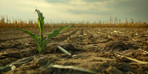 Fototapeta premium A photo of a dry and barren cornfield under the scorching sun, with a young green plant growing in the foreground. Illustrates the concept of environmental destruction, drought, and climate change.