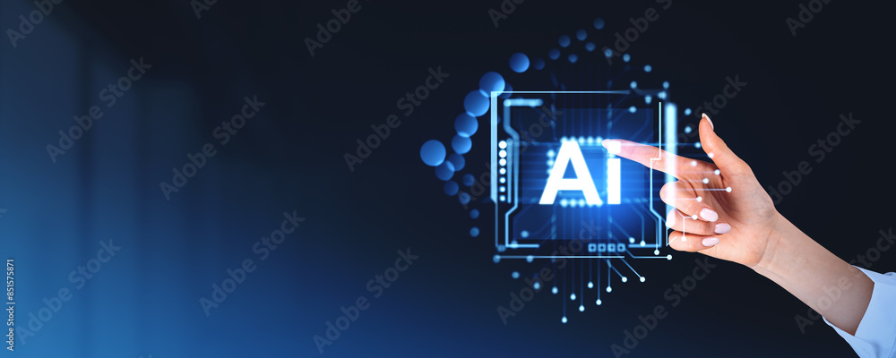 Poster a hand pointing at a digital ai interface with circuits on a dark background. concept of technology 