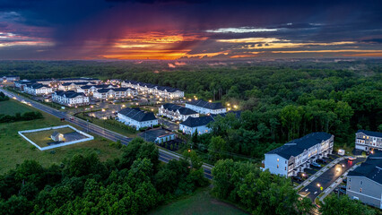 Drone of Epic Sunset in New Jersey Suburbs Homes 