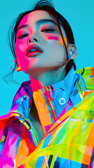 Fototapeta premium Beautiful woman wearing bright kimono, neon colors, in the style of futuristic pop, street pop art