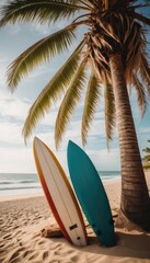 Two surfboards rest against a palm tree on a serene beach, inviting you to ride the gentle waves and embrace the tranquil beauty of the coastal landscape