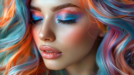 Obraz premium Striking portrait showcases a woman's vibrant multi-colored hair and sparkling eye makeup