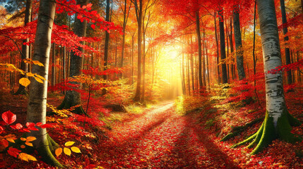 Vibrant autumn forest scene with a path covered in fallen leaves, trees with red, orange, and yellow foliage, and sunlight filtering through the branches.