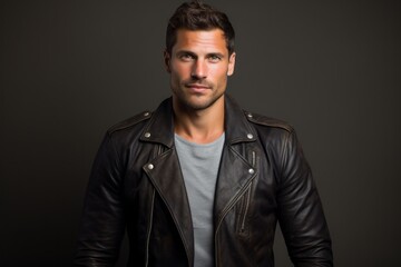 Obraz premium Portrait of a merry man in his 30s sporting a classic leather jacket isolated on plain cyclorama studio wall