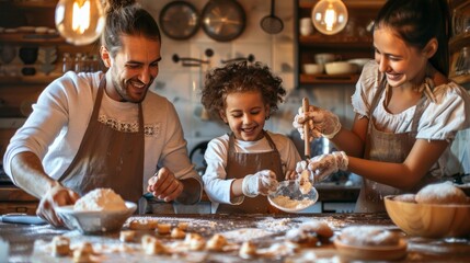 Happy parents and kids laughing while baking treats in a cozy kitchen
