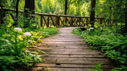 A wooden bridge with a path leading across it