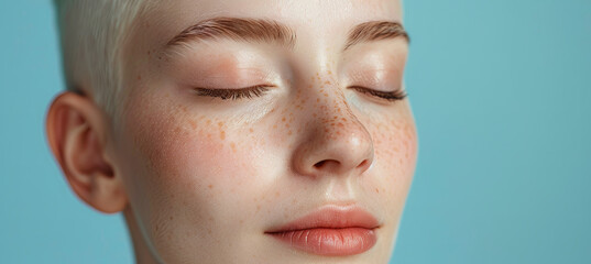 beautiful young albino woman with short hair and pale white skin