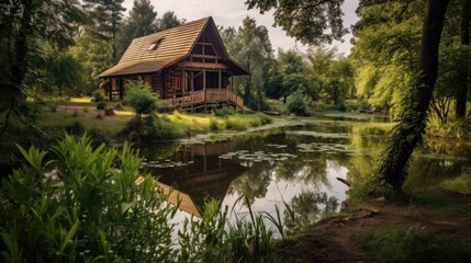 Fototapeta premium A large house with a porch and a pond in front of it