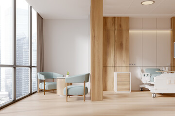 Wooden hospital room interior with bed and armchairs near panoramic window