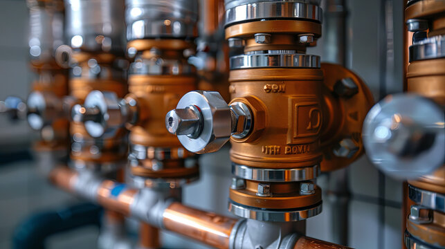 Copper valves, stainless steel ball valves, water pressure detectors, and plastic pipes for the central heating system and water supply, all with thermal insulation, in the apartment's boiler room 