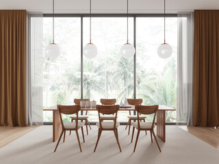 Modern dining room with large windows, minimalist design, brown curtains, bright chairs and table, indoor decor, light-filled room.  3D Rendering