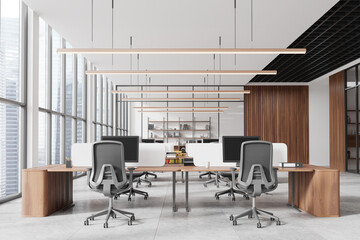 Office interior with coworking and glass conference room, panoramic window